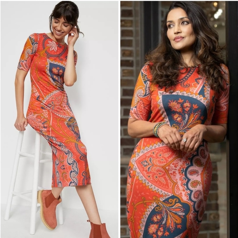 Anthropologie Farm Rio Giannina Knit Orange Blue Paisley Midi Dress Small